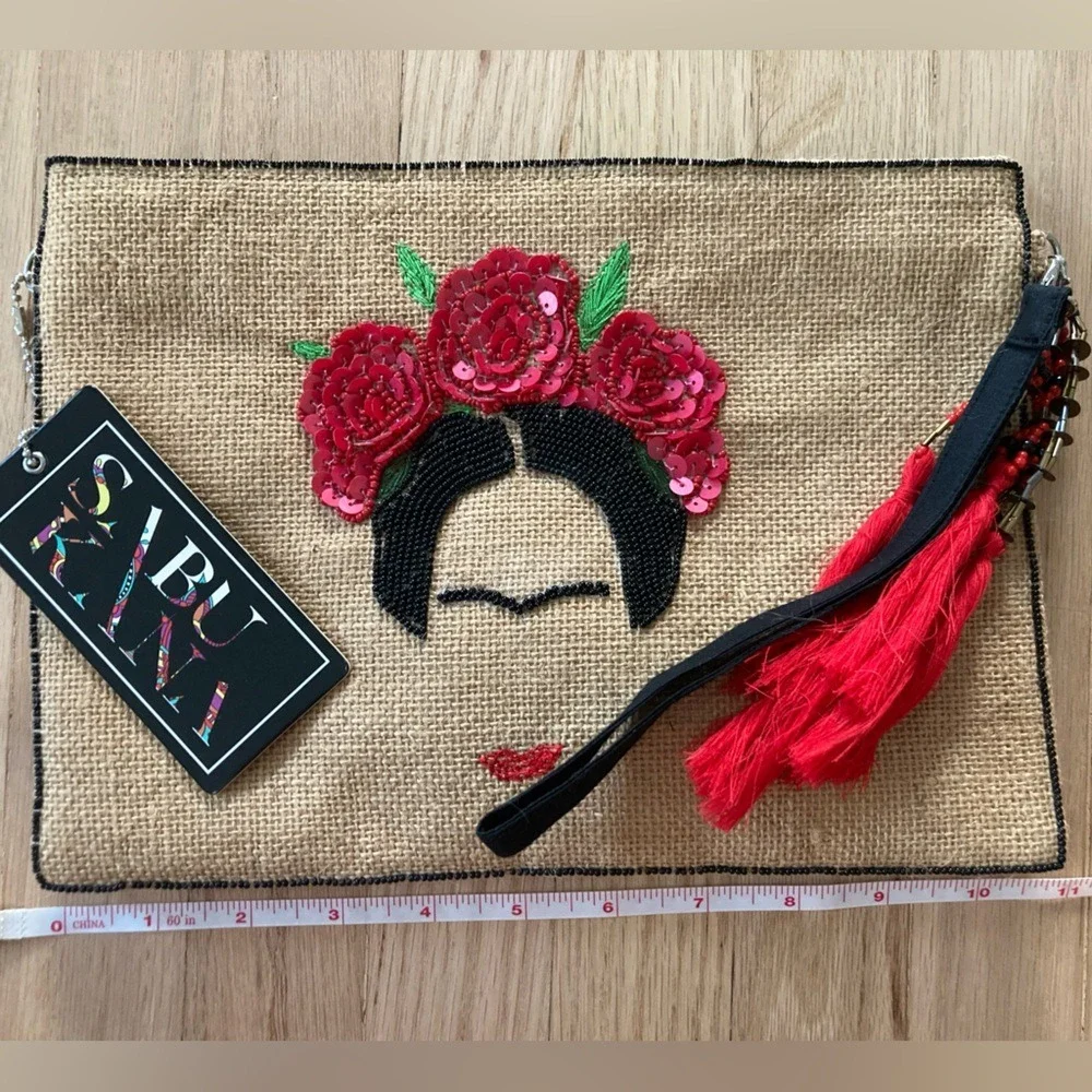 3 in 1 Handmade Burlap Frida Kahlo Embroidery Crossbody Wristlet Clutch‎ Latina